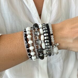 Elegant Black and White Beaded Bracelet on Memory wire